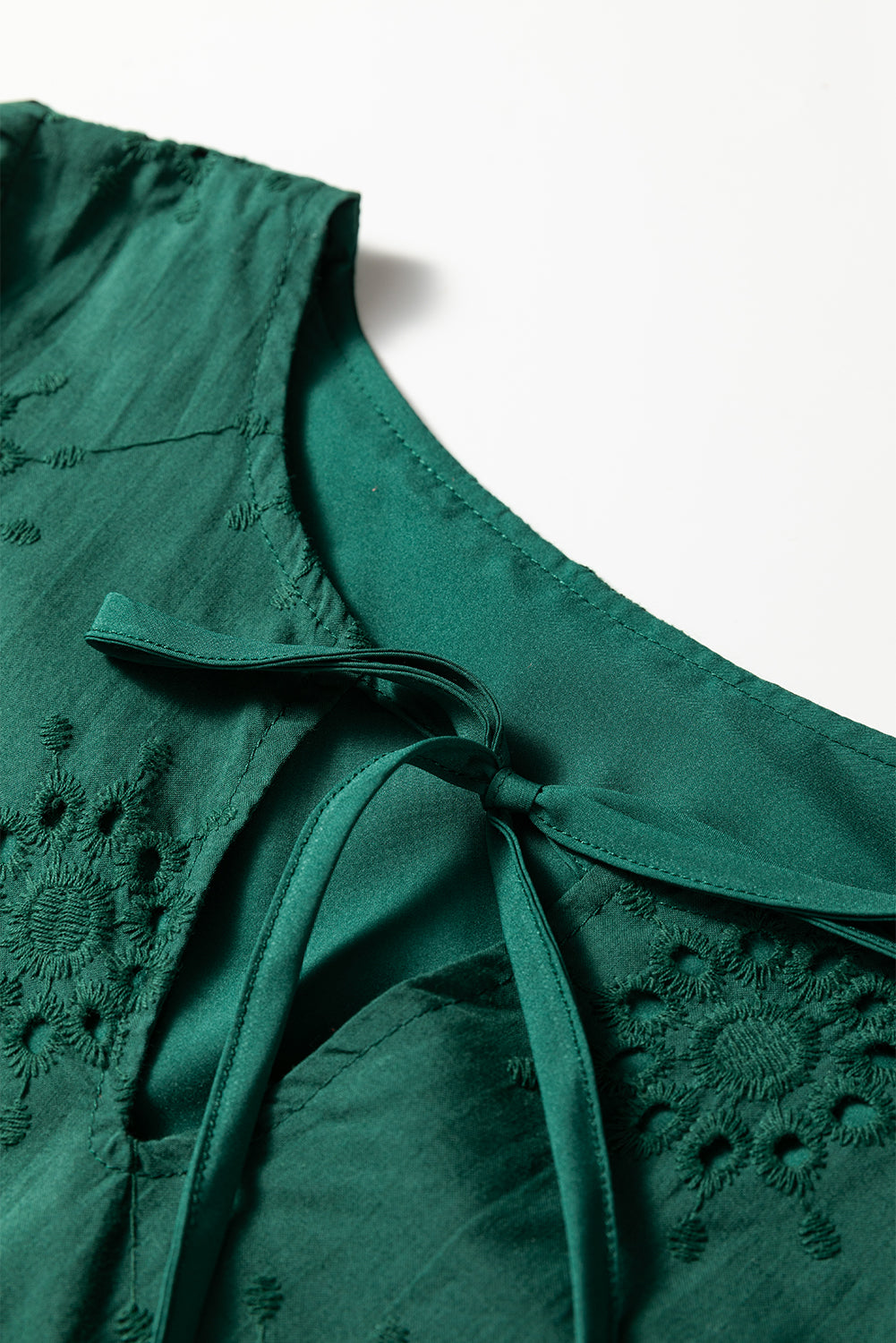 Blackish Green Eyelet Embroidered Swing Dress Puff Sleeve Dear-Lover Dropshipping